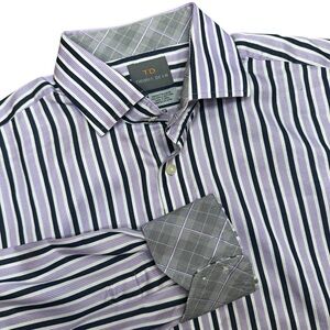 Thomas Dean Men's Striped Purple Button Down Shirt Flip Cuff Medium